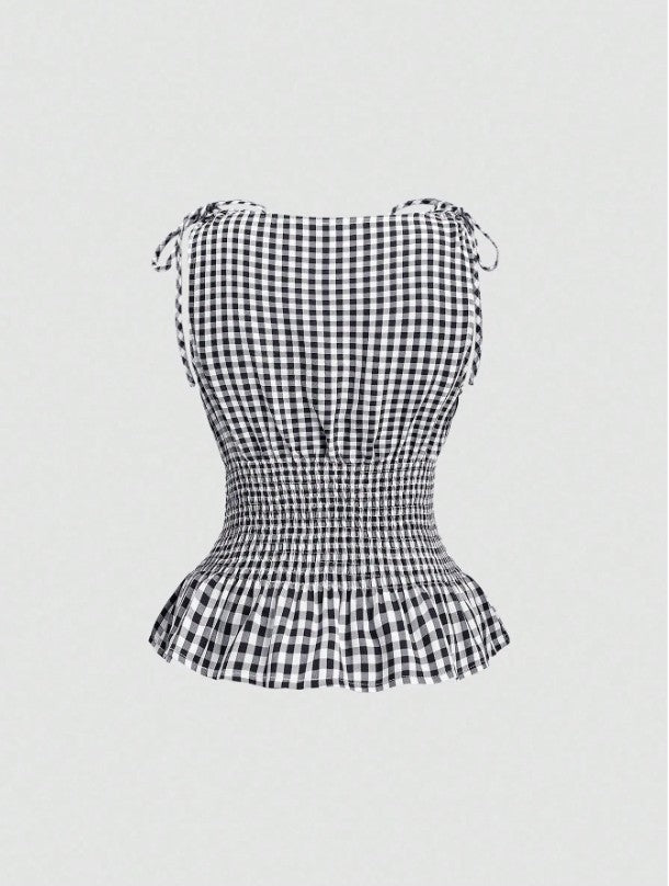 Women's Gingham Tie-Shoulder Slim Tank Top – Plaid Ruffle Hem Cami for Summer Commute & Casual Chic Looks