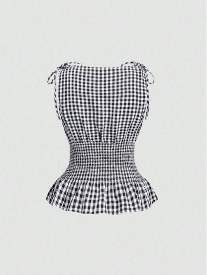 Women's Gingham Tie-Shoulder Slim Tank Top – Plaid Ruffle Hem Cami for Summer Commute & Casual Chic Looks