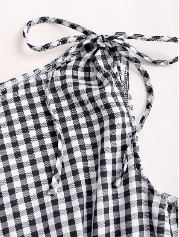 Women's Gingham Tie-Shoulder Slim Tank Top – Plaid Ruffle Hem Cami for Summer Commute & Casual Chic Looks