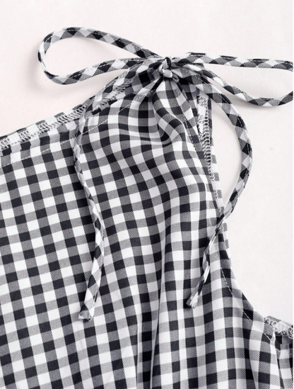 Women's Gingham Tie-Shoulder Slim Tank Top – Plaid Ruffle Hem Cami for Summer Commute & Casual Chic Looks