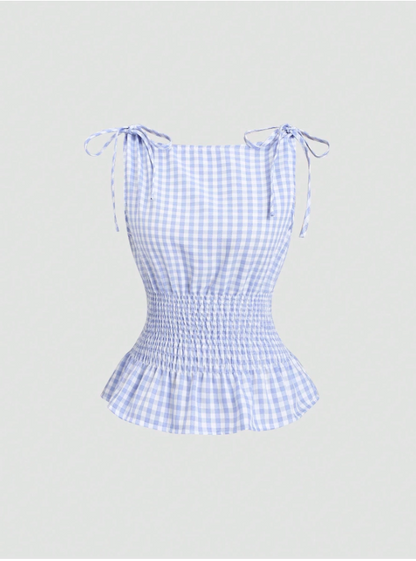 Women's Gingham Tie-Shoulder Slim Tank Top – Plaid Ruffle Hem Cami for Summer Commute & Casual Chic Looks