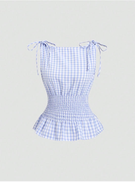 Women's Gingham Tie-Shoulder Slim Tank Top – Plaid Ruffle Hem Cami for Summer Commute & Casual Chic Looks