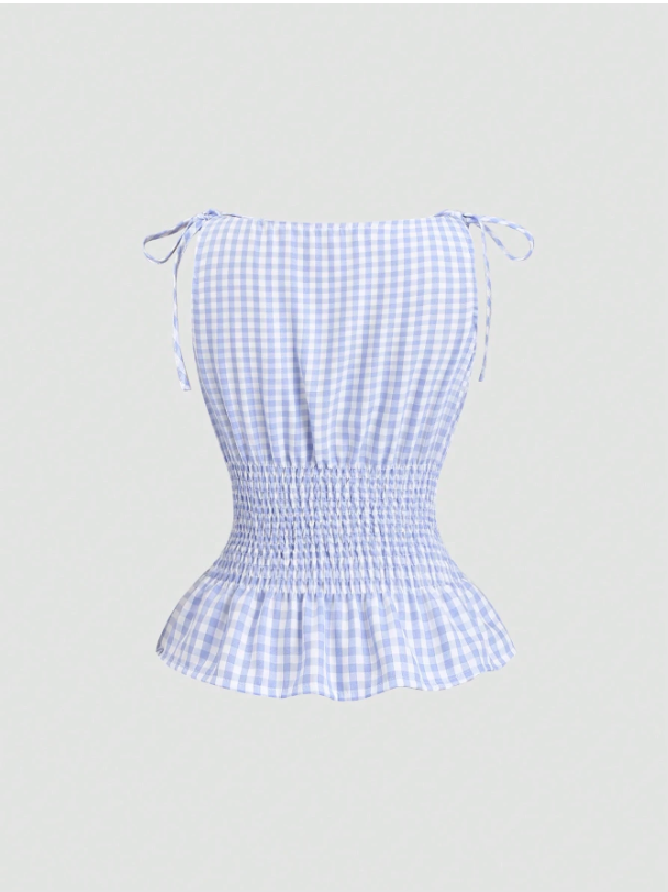 Women's Gingham Tie-Shoulder Slim Tank Top – Plaid Ruffle Hem Cami for Summer Commute & Casual Chic Looks