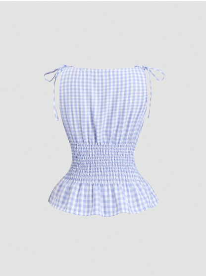 Women's Gingham Tie-Shoulder Slim Tank Top – Plaid Ruffle Hem Cami for Summer Commute & Casual Chic Looks