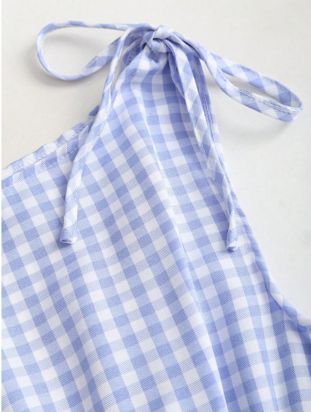 Women's Gingham Tie-Shoulder Slim Tank Top – Plaid Ruffle Hem Cami for Summer Commute & Casual Chic Looks