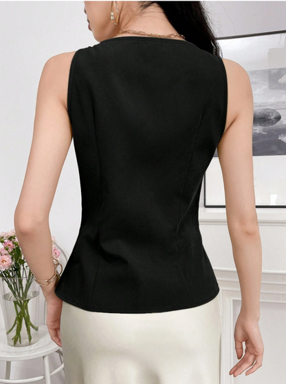 Women's V-Neck Sleeveless Blouse with Asymmetrical Hem – Elegant Solid Summer Top for Work & Weekend Looks