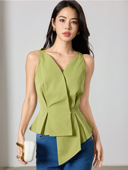 Women's V-Neck Sleeveless Blouse with Asymmetrical Hem – Elegant Solid Summer Top for Work & Weekend Looks