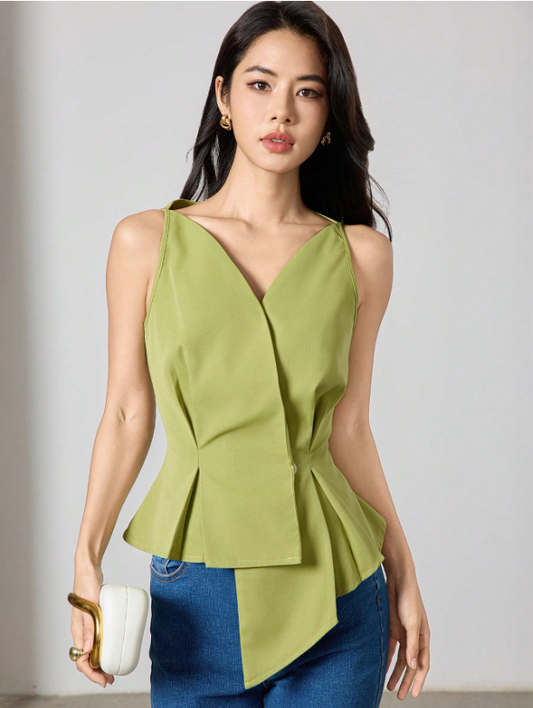 Women's V-Neck Sleeveless Blouse with Asymmetrical Hem – Elegant Solid Summer Top for Work & Weekend Looks