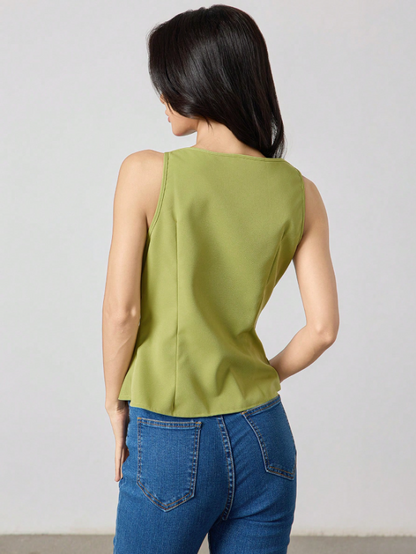 Women's V-Neck Sleeveless Blouse with Asymmetrical Hem – Elegant Solid Summer Top for Work & Weekend Looks