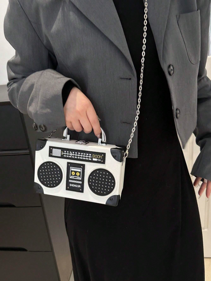 Mini Radio Shaped Box Bag – Trendy Graphic PU Leather Crossbody with Chain Strap | Street Style Statement Handbag