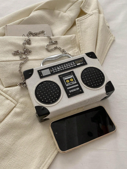 Mini Radio Shaped Box Bag – Trendy Graphic PU Leather Crossbody with Chain Strap | Street Style Statement Handbag
