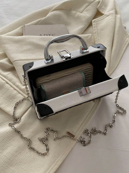 Mini Radio Shaped Box Bag – Trendy Graphic PU Leather Crossbody with Chain Strap | Street Style Statement Handbag