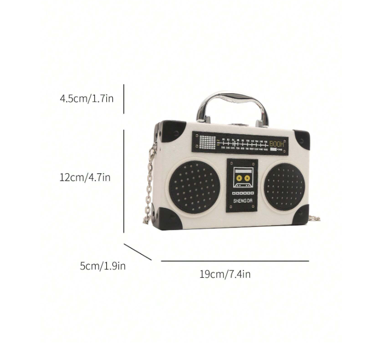 Mini Radio Shaped Box Bag – Trendy Graphic PU Leather Crossbody with Chain Strap | Street Style Statement Handbag