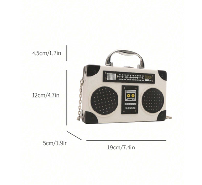 Mini Radio Shaped Box Bag – Trendy Graphic PU Leather Crossbody with Chain Strap | Street Style Statement Handbag