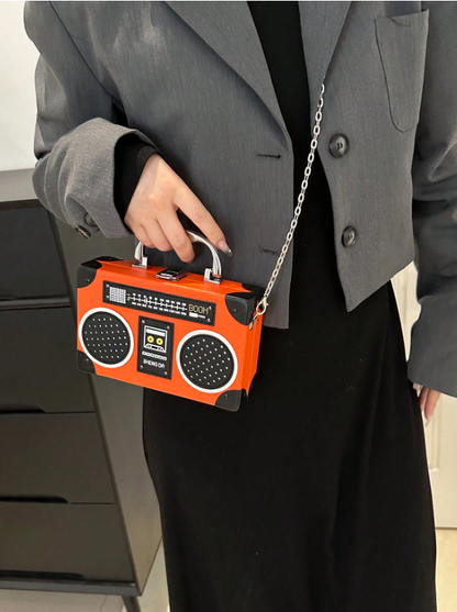 Mini Radio Shaped Box Bag – Trendy Graphic PU Leather Crossbody with Chain Strap | Street Style Statement Handbag