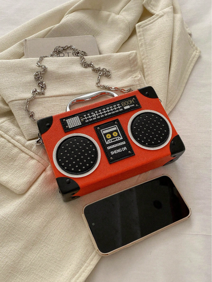 Mini Radio Shaped Box Bag – Trendy Graphic PU Leather Crossbody with Chain Strap | Street Style Statement Handbag