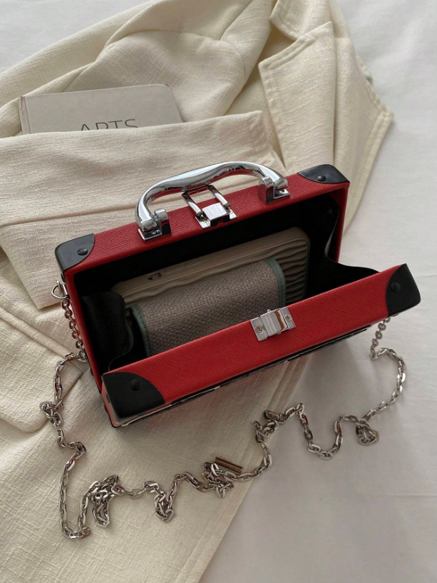 Mini Radio Shaped Box Bag – Trendy Graphic PU Leather Crossbody with Chain Strap | Street Style Statement Handbag