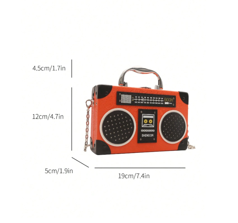 Mini Radio Shaped Box Bag – Trendy Graphic PU Leather Crossbody with Chain Strap | Street Style Statement Handbag