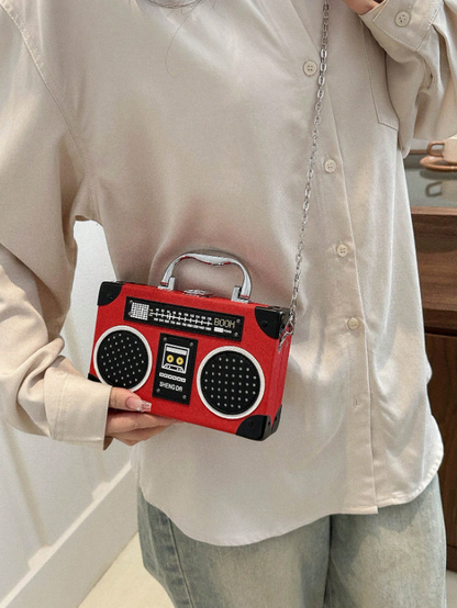 Mini Radio Shaped Box Bag – Trendy Graphic PU Leather Crossbody with Chain Strap | Street Style Statement Handbag