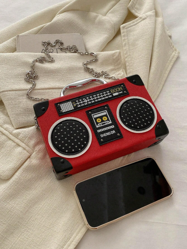 Mini Radio Shaped Box Bag – Trendy Graphic PU Leather Crossbody with Chain Strap | Street Style Statement Handbag