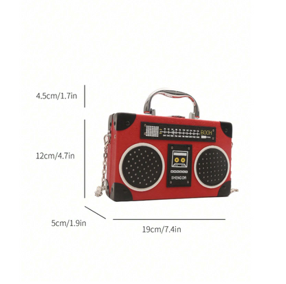 Mini Radio Shaped Box Bag – Trendy Graphic PU Leather Crossbody with Chain Strap | Street Style Statement Handbag