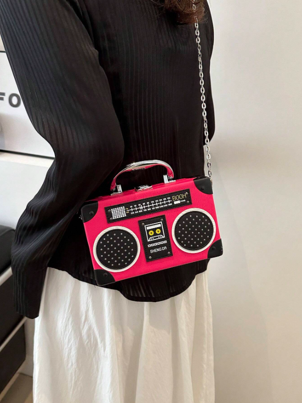 Mini Radio Shaped Box Bag – Trendy Graphic PU Leather Crossbody with Chain Strap | Street Style Statement Handbag