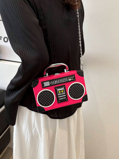 Mini Radio Shaped Box Bag – Trendy Graphic PU Leather Crossbody with Chain Strap | Street Style Statement Handbag