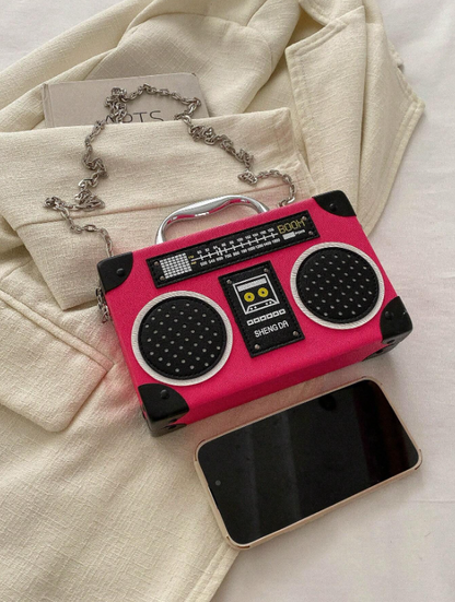 Mini Radio Shaped Box Bag – Trendy Graphic PU Leather Crossbody with Chain Strap | Street Style Statement Handbag