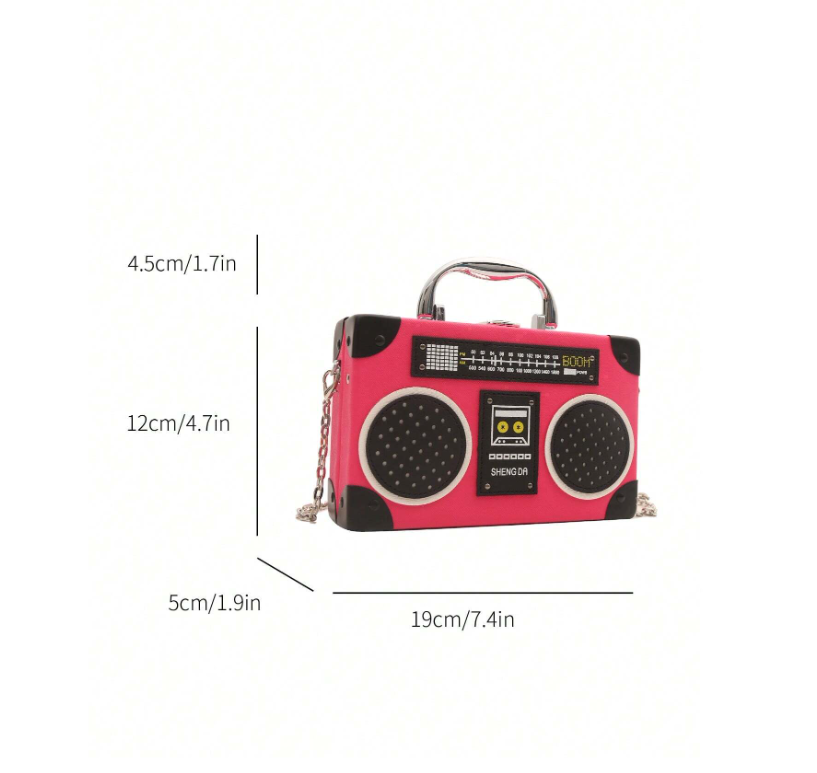 Mini Radio Shaped Box Bag – Trendy Graphic PU Leather Crossbody with Chain Strap | Street Style Statement Handbag