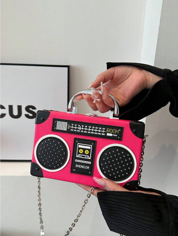 Mini Radio Shaped Box Bag – Trendy Graphic PU Leather Crossbody with Chain Strap | Street Style Statement Handbag