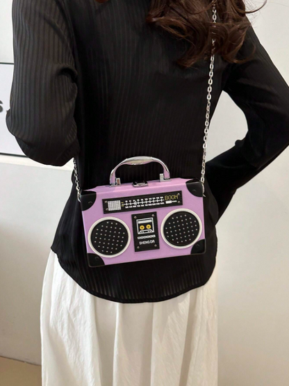Mini Radio Shaped Box Bag – Trendy Graphic PU Leather Crossbody with Chain Strap | Street Style Statement Handbag