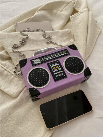 Mini Radio Shaped Box Bag – Trendy Graphic PU Leather Crossbody with Chain Strap | Street Style Statement Handbag