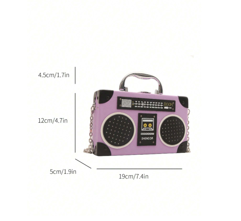 Mini Radio Shaped Box Bag – Trendy Graphic PU Leather Crossbody with Chain Strap | Street Style Statement Handbag