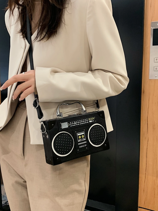 Mini Radio Shaped Box Bag – Trendy Graphic PU Leather Crossbody with Chain Strap | Street Style Statement Handbag