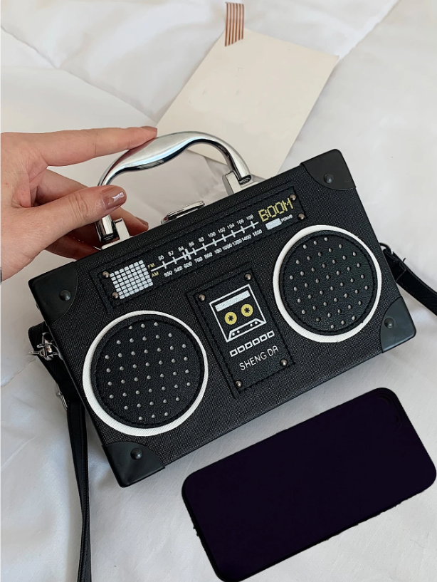 Mini Radio Shaped Box Bag – Trendy Graphic PU Leather Crossbody with Chain Strap | Street Style Statement Handbag