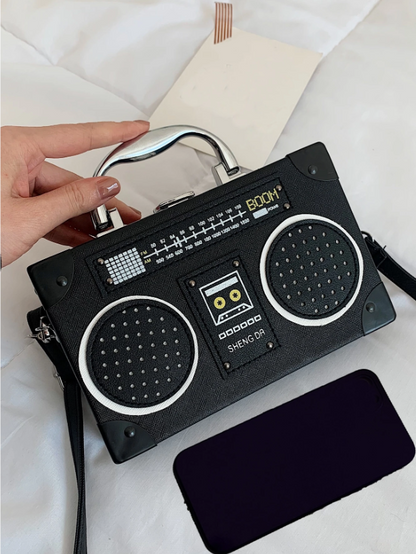 Mini Radio Shaped Box Bag – Trendy Graphic PU Leather Crossbody with Chain Strap | Street Style Statement Handbag