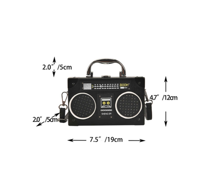 Mini Radio Shaped Box Bag – Trendy Graphic PU Leather Crossbody with Chain Strap | Street Style Statement Handbag