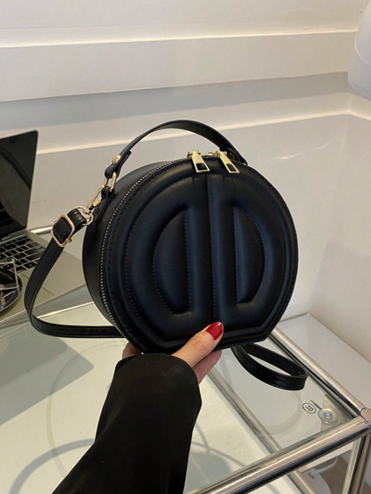 Mini Round Top Handle Crossbody Bag – Quilted PU Leather Circle Bag with Zipper, Black Casual Purse