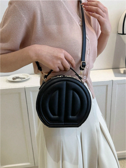 Mini Round Top Handle Crossbody Bag – Quilted PU Leather Circle Bag with Zipper, Black Casual Purse