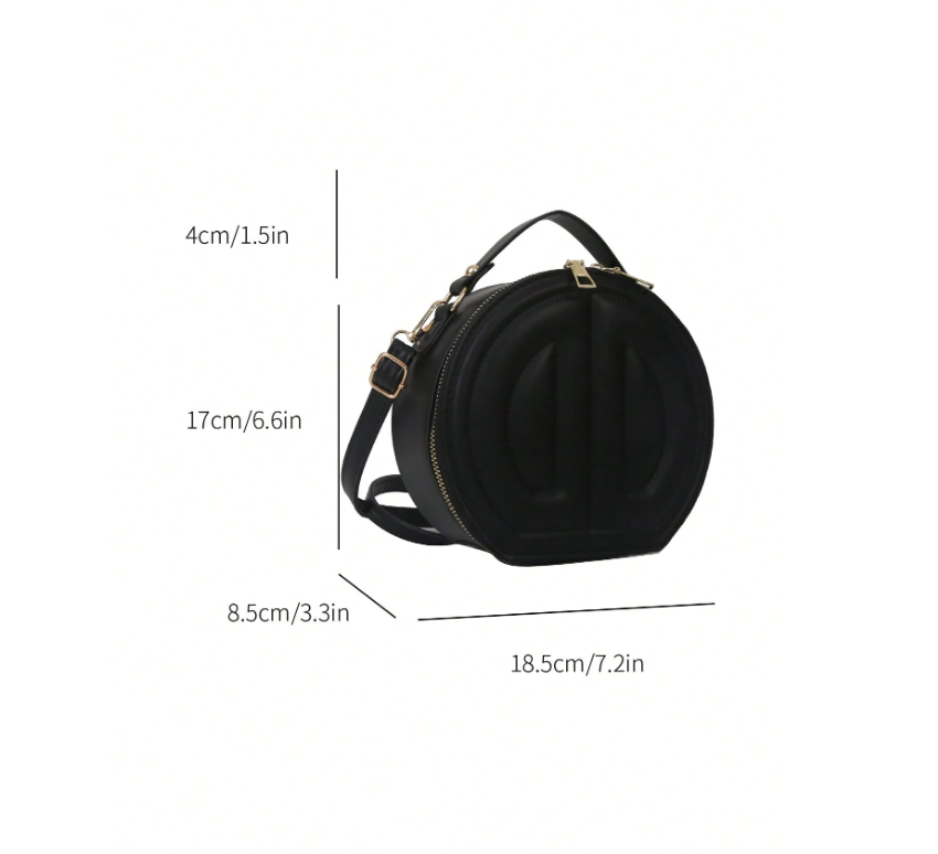 Mini Round Top Handle Crossbody Bag – Quilted PU Leather Circle Bag with Zipper, Black Casual Purse