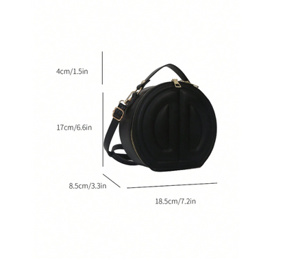 Mini Round Top Handle Crossbody Bag – Quilted PU Leather Circle Bag with Zipper, Black Casual Purse