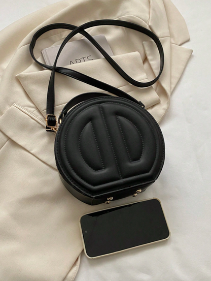 Mini Round Top Handle Crossbody Bag – Quilted PU Leather Circle Bag with Zipper, Black Casual Purse