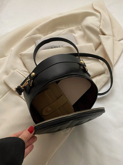 Mini Round Top Handle Crossbody Bag – Quilted PU Leather Circle Bag with Zipper, Black Casual Purse