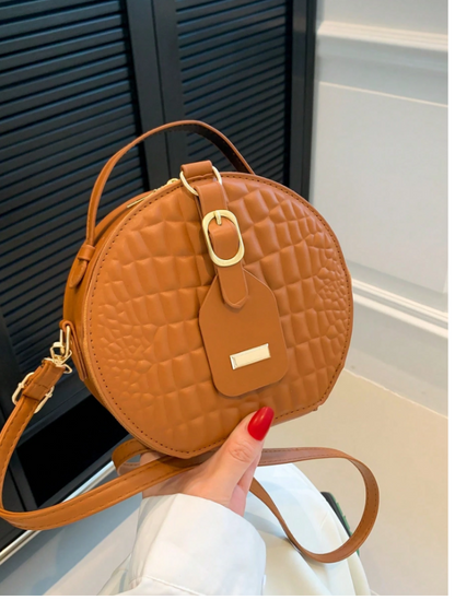 Mini Round Crocodile PU Leather Bag – Retro Brown Circle Handbag with Adjustable Strap