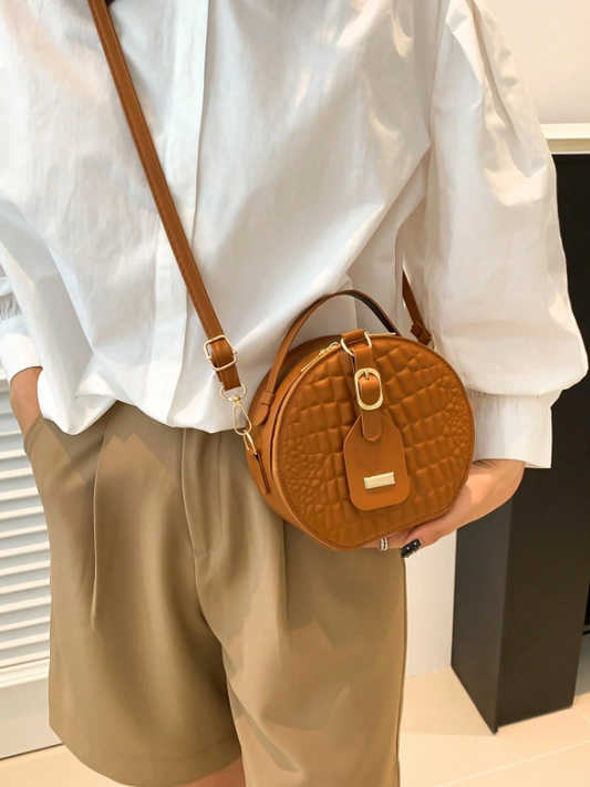 Mini Round Crocodile PU Leather Bag – Retro Brown Circle Handbag with Adjustable Strap