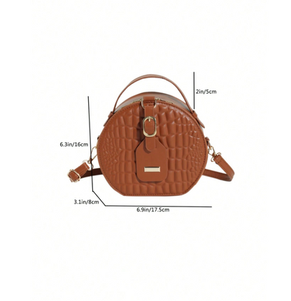 Mini Round Crocodile PU Leather Bag – Retro Brown Circle Handbag with Adjustable Strap