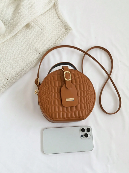 Mini Round Crocodile PU Leather Bag – Retro Brown Circle Handbag with Adjustable Strap