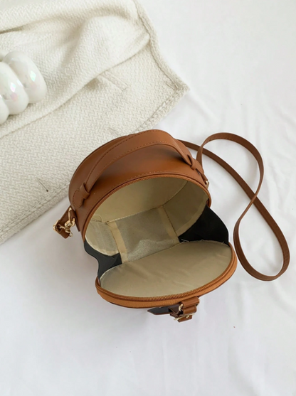 Mini Round Crocodile PU Leather Bag – Retro Brown Circle Handbag with Adjustable Strap