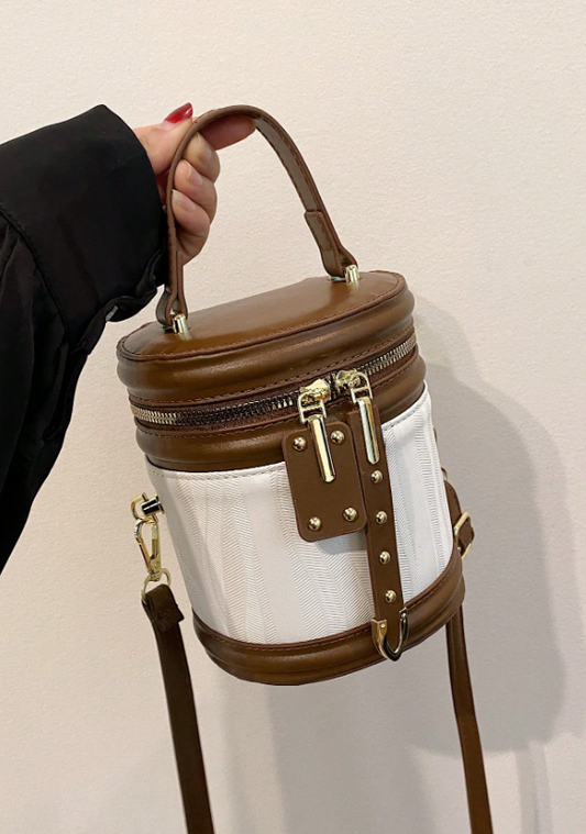 Color Block Brown Bucket Bag – Mini PU Leather Cylinder Handbag with Top Handle & Zipper