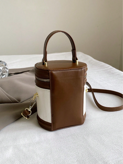 Color Block Brown Bucket Bag – Mini PU Leather Cylinder Handbag with Top Handle & Zipper